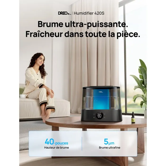 Dreo HM420S Humidificateur d'air - Réservoir 4 L - Autonomie 30h - Brume de 10 cm - Silencieux 28dB - Diffusion aromatique - Commande vocale
