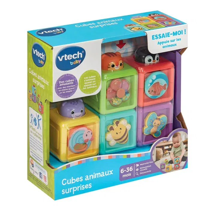 Vtech Baby - Cubes Animaux Surprises - Jeu d'éveil sensoriel avec 5 cubes interactifs - Pour bébé de 6 à 36 mois - Multicolore