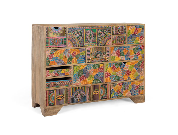 GINER Y COLOMER Commode en Bois de Mango avec 14 Tiroirs Peints à la Main, Détails Géométriques et Floraux, Dimensions 120 x 40 x 91 cm, Finition Naturelle et Multicolore