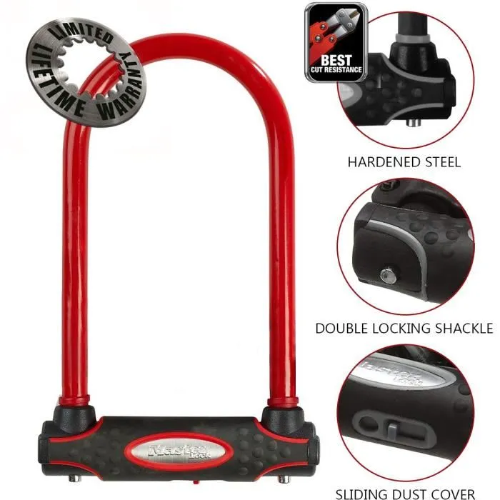 Master Lock Antivol Vélo U Acier Cémenté, Clé, 21 cm, 13 mm, Support Universel, Certifié Sold Secure Gold, Rouge, Réf. 8195EURDPROCOLR