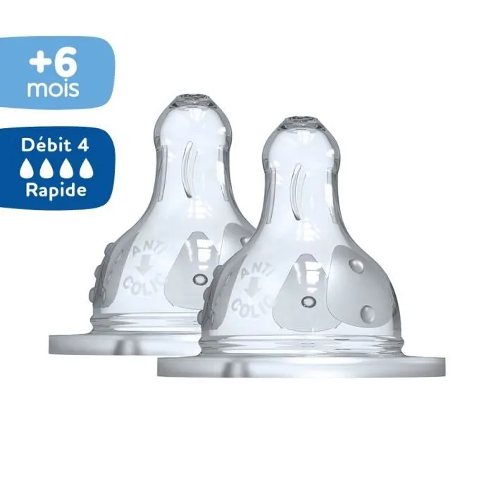 Dodie - Lot de 2 tétines de biberon Initiation+ Anti-Coliques, débit 4-6 mois+, 3 vitesses, téterelle ronde à large col, système à double valve breveté