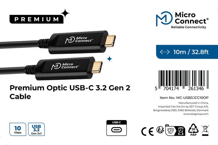 MicroConnect Câble USB-C 3.2 Gen 2 en fibre optique - 10 mètres - Transfert jusqu'à 10 Gbps - Synchronisation de données - Sans vidéo
