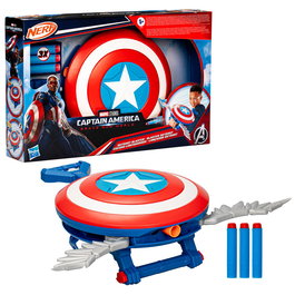 Hasbro - Écusson lancer-fléchettes NERF Captain America avec 3 fléchettes, jeu d'action Avengers pour enfants à partir de 5 ans - F9302