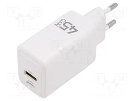 QOLTEC Chargeur USB 45W GaN Blanc avec USB-C PD et USB-A QC 3.0