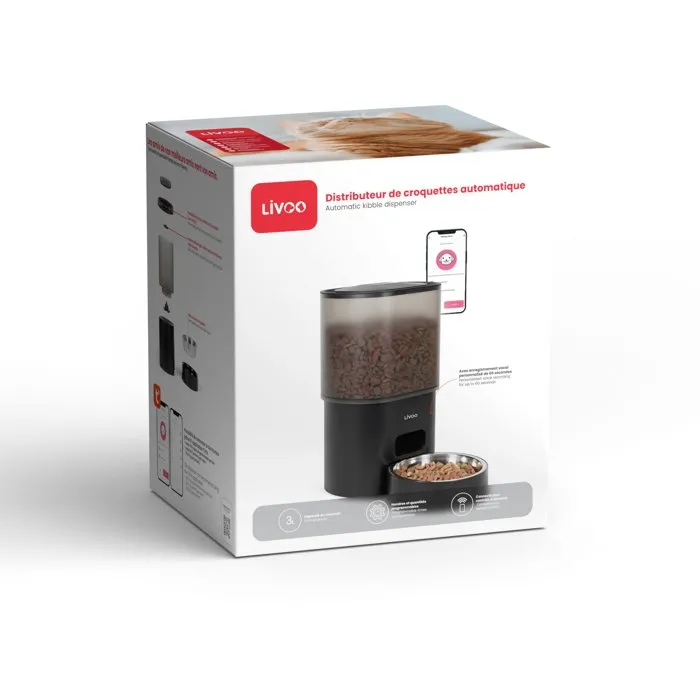 Livoo Distributeur de croquettes automatique PET106, 3 L, Connecté TUYA