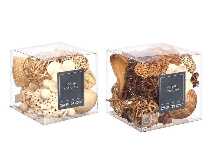 Giftdecor Set Pot-Pourri Carré 2 Modèles Assortis Bois et Fibre Naturelle 14x14x14 cm (Set de 12)