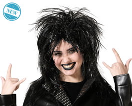 Atosa Perruque Noire Ébouriffée avec Mèches Argentées Rock/Gothique