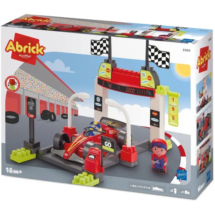Ecoiffier Abrick 3360 - Stand d'arrêt Formule 1 avec voiture et personnages - Jeu de construction - 18 mois et plus