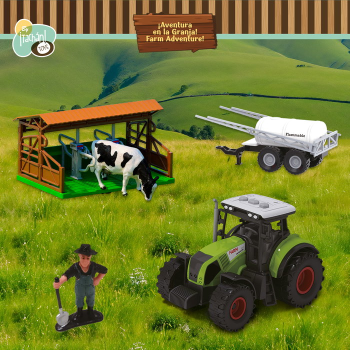 Tachan Set de Ferme 7 Pièces avec Tractor, Chevaux et Figure T01051 - Tracteur à friction avec effets lumière et son