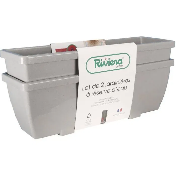 Riviera EVA - Lot de 2 jardinières rectangulaires en plastique - 56,5 x 18,5 x 25,5 cm - 13 L - Couleur gris stone Riviera EVA - Lot de 2 jardinières rectangulaires en plastique - 56,5 x 18,5 x 25,5 cm - 13 L - Couleur gris stone