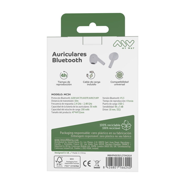 Écouteurs in Ear Bluetooth Myway Pro touch control