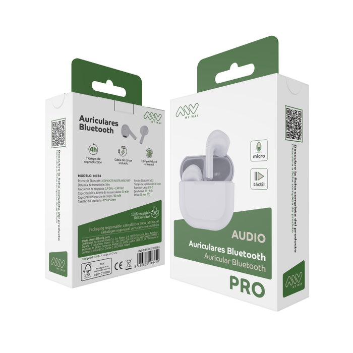 Myway MWHPH0030 Casque Bluetooth 5.3 Sans Fil Blanc - Modèle MC34 Myway MWHPH0030 Casque Bluetooth 5.3 Sans Fil Blanc - Modèle MC34