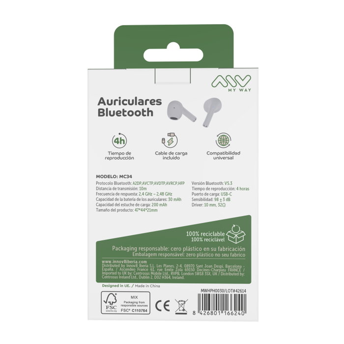 Myway MWHPH0030 Casque Bluetooth 5.3 Sans Fil Blanc - Modèle MC34 Myway MWHPH0030 Casque Bluetooth 5.3 Sans Fil Blanc - Modèle MC34