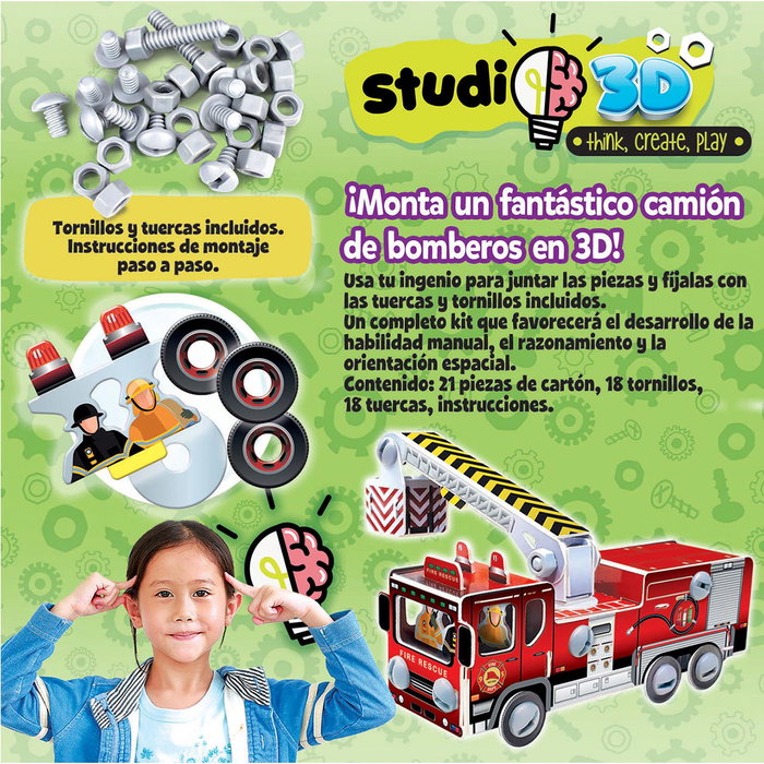 Educa - Puzzle 3D à construire 'Camion de Pompiers' - Kit complet avec pièces en carton, vis et écrous - Développe la motricité et la réflexion - À partir de 5 ans - Réf. 19186