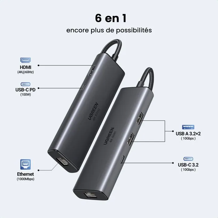 UGREEN Hub USB-C 6 en 1 Gris UGREEN Hub USB-C 6 en 1 Gris