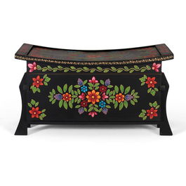 Giner Y Colomer Pinta2 - Coffre de rangement en bois de manguier noir avec détails multicolores peints à main - 24x68x43 cm