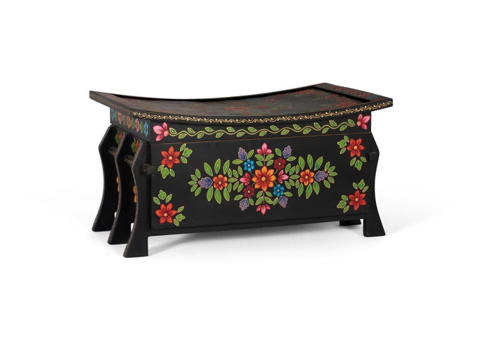 Giner Y Colomer Pinta2 - Coffre de rangement en bois de manguier noir avec détails multicolores peints à main - 24x68x43 cm