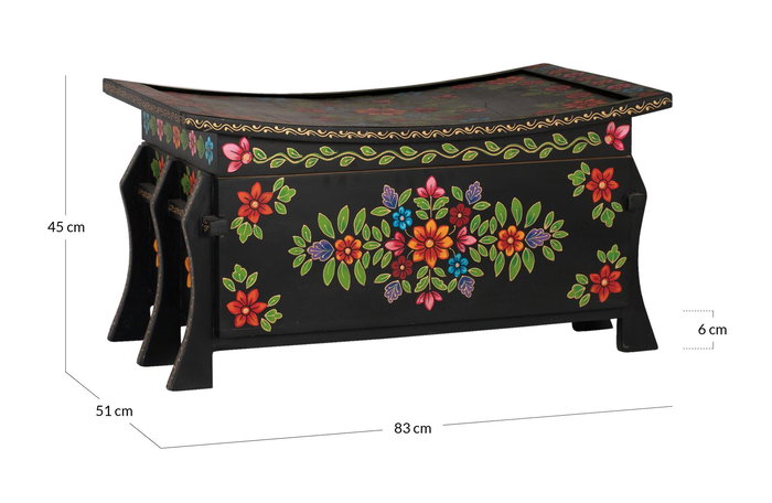Giner Y Colomer Pinta2 - Coffre de rangement en bois de manguier noir avec détails multicolores peints à main - 24x68x43 cm