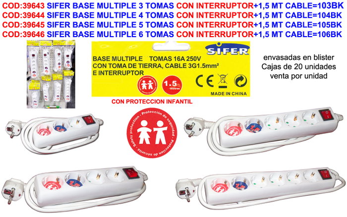 SIFER PROLONGADOR BASE 4 prises avec interrupteur et câble 1,5 m SIFER PROLONGADOR BASE 4 prises avec interrupteur et câble 1,5 m