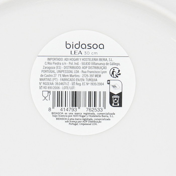 Bidasoa Lea Hydrozero Plat à Pizza en Porcelaine 30 cm Blanc Brillant
