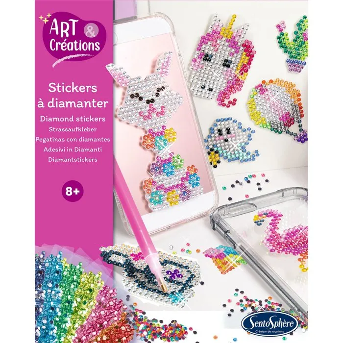 Sentosphere Art & Créations - Kit de Stickers à Diamanter Strass Multicolore, 15 Autocollants Brillants pour Décorer Accessoires, Dès 8 Ans