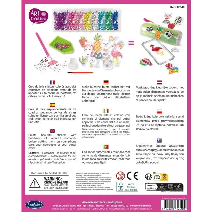 Sentosphere Art & Créations - Kit de Stickers à Diamanter Strass Multicolore, 15 Autocollants Brillants pour Décorer Accessoires, Dès 8 Ans