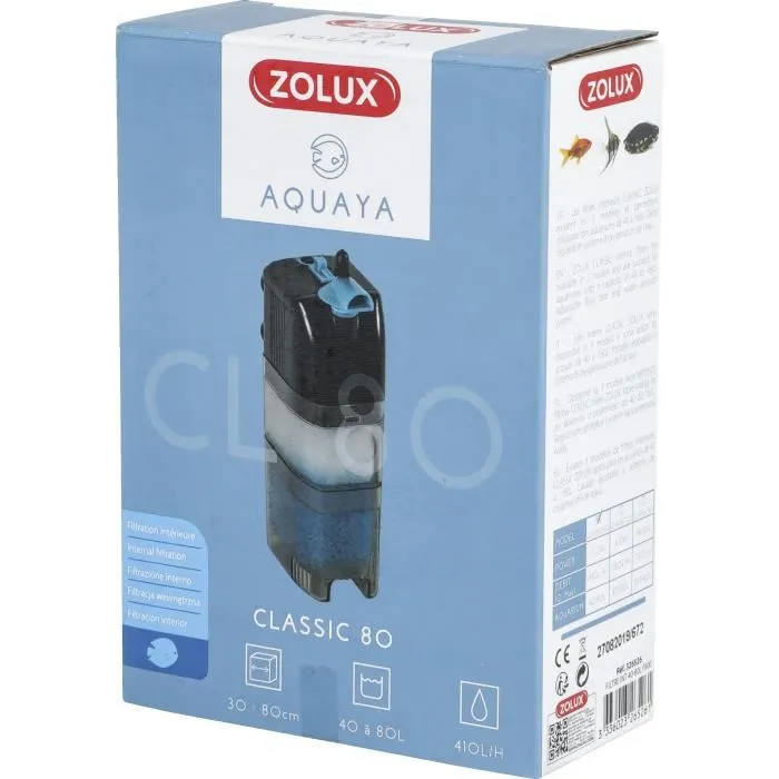 Zolux Classic 80 - Filtre intérieur pour aquarium de 40 à 80 L, 5 W, débit réglable 410 L/H, avec buse rotative et mousses incluses
