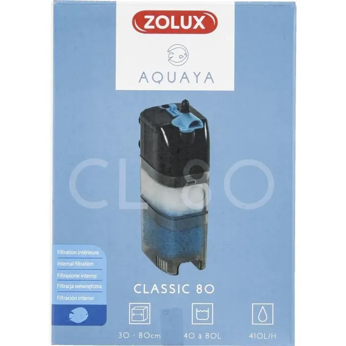 Zolux Classic 80 - Filtre intérieur pour aquarium de 40 à 80 L, 5 W, débit réglable 410 L/H, avec buse rotative et mousses incluses