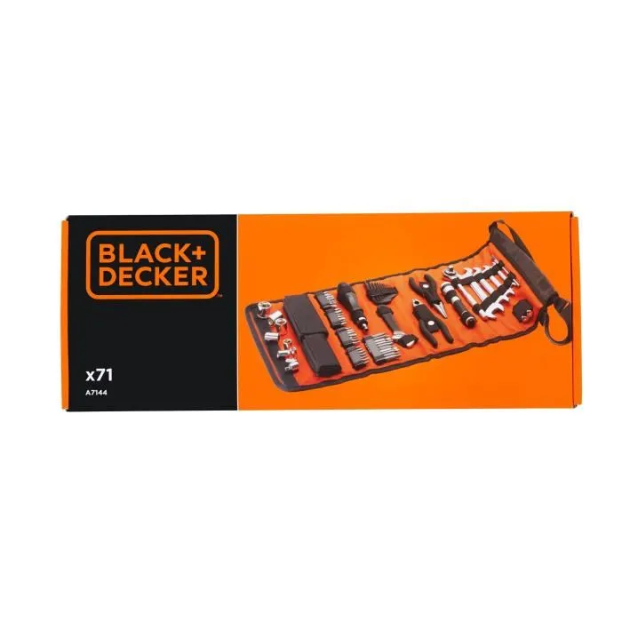 Black + Decker Kit d'outillage A7144-XJ - Sacoche avec 76 accessoires : embouts, clés, pinces, douilles, adaptateur, tournevis et lampe torche