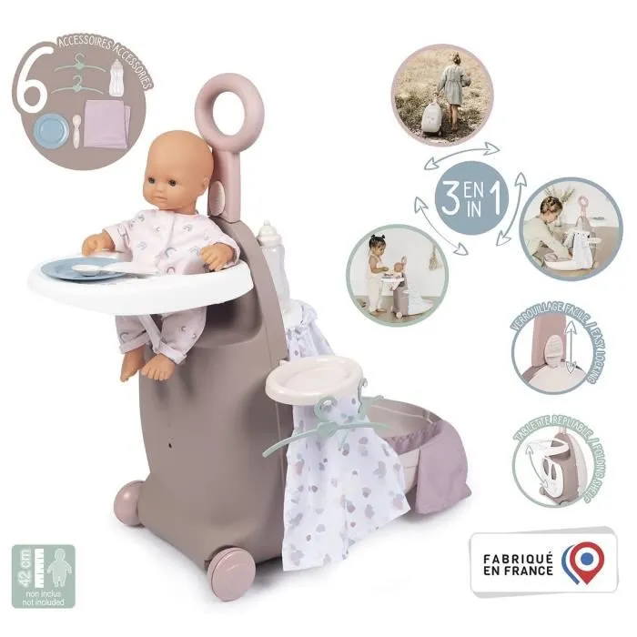 Smoby Valise Nurserie 3 en 1 Baby Nurse - Lit et chaise haute pour poupon jusqu'à 42 cm - Beige, rose, blanc