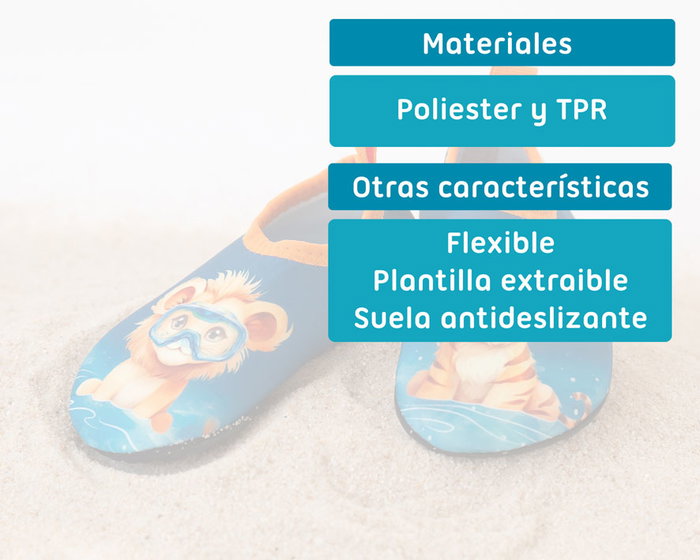 KioKids Chaussons Aquatiques Antidérapants Safari Fun - Azul Marino Animaux, Taille 26 EUR, Plantille Amovible, Polyester et TPR