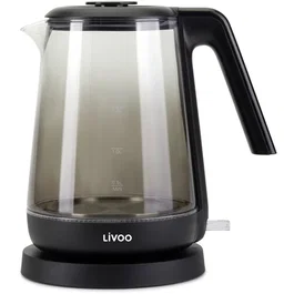 Livoo DOD216N Bouilloire électrique 2200W, 1.7L en verre borosilicate, rétroéclairage bleu, base rotative 360°, anti-surchauffe