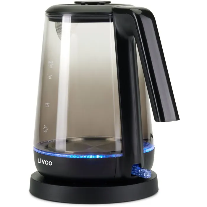 Livoo DOD216N Bouilloire électrique 2200W, 1.7L en verre borosilicate, rétroéclairage bleu, base rotative 360°, anti-surchauffe