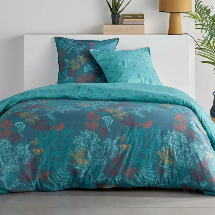 Today Parure de lit imprimé feuillage exotique bleu canard 140 x 200 cm Today Parure de lit imprimé feuillage exotique bleu canard 140 x 200 cm