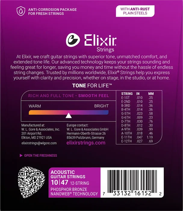 ELIXIR Juego Acústica Nanoweb 92/8 Phosphor Bronze 12 Cordes 10-47 ELIXIR Juego Acústica Nanoweb 92/8 Phosphor Bronze 12 Cordes 10-47