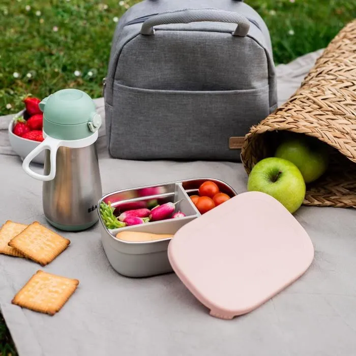 Beaba Boîte repas enfant en inox, couvercle et housse en silicone, Gris velours et rose poudré