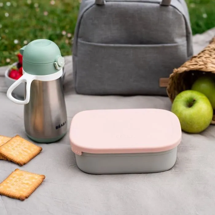 Beaba Boîte repas enfant en inox, couvercle et housse en silicone, Gris velours et rose poudré