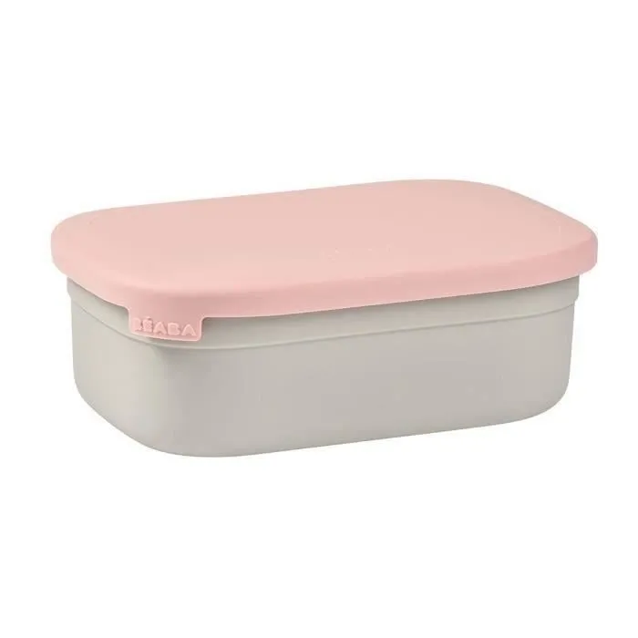 Beaba Boîte repas enfant en inox, couvercle et housse en silicone, Gris velours et rose poudré