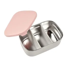 Beaba Boîte repas enfant en inox, couvercle et housse en silicone, Gris velours et rose poudré