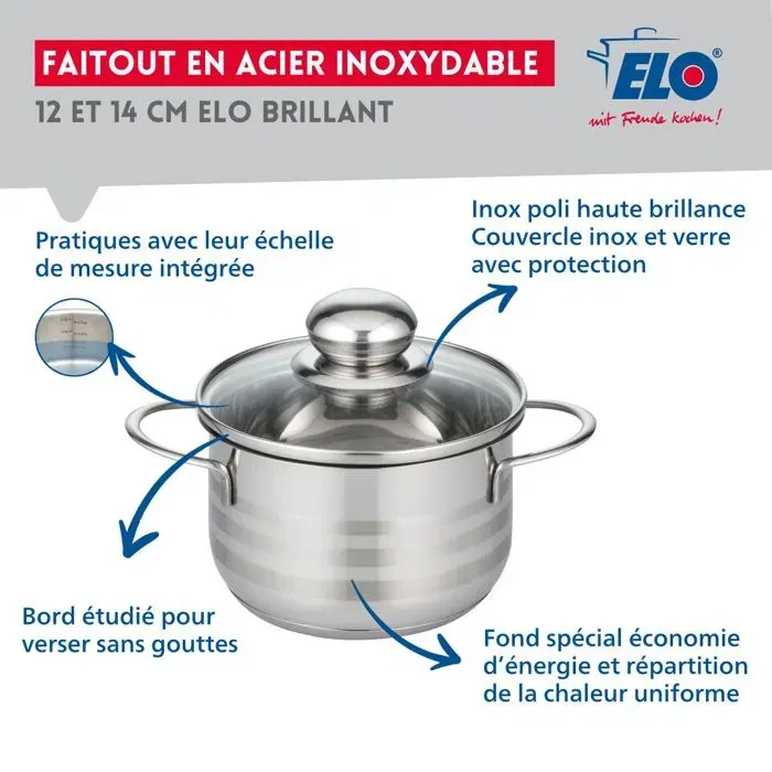 Fackelmann Lot de 2 Faitouts Elo Brillant - Acier Inoxydable Sans PFAS, 12 cm et 14 cm - Compatibles Induction et Tous Feux, Fond Épais Antiadhésif