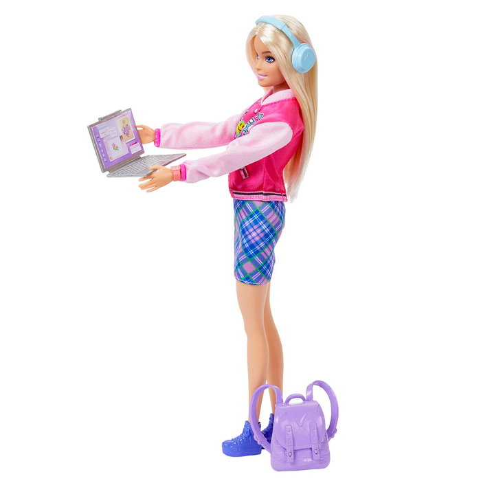 Barbie Étudiante Hrg84 Mattel - Poupée avec Look Scolaire, Mochila Ouvrable, Ordinateur Portable et Casque - Âge 3 ans et plus
