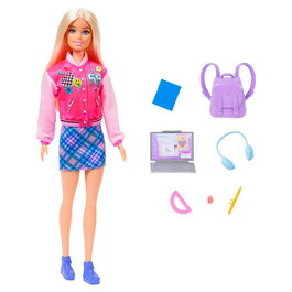 Barbie Étudiante Hrg84 Mattel - Poupée avec Look Scolaire, Mochila Ouvrable, Ordinateur Portable et Casque - Âge 3 ans et plus