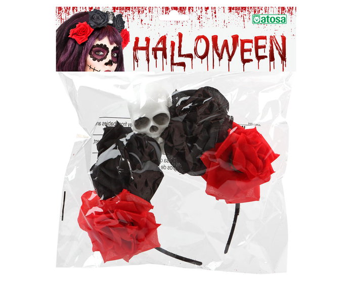 Diadème Halloween Crâne avec Roses Noires et Rouges - Accessoire de Fête Fantastique et Gothique pour Adultes