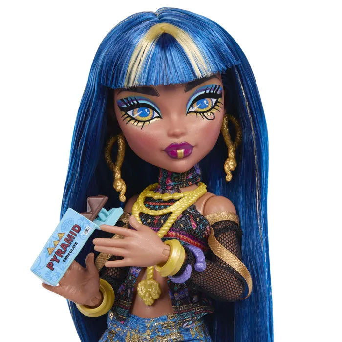 Monster High Poupet Cléo JHK32 - Poupée avec cobra et 7 accessoires, tenue dorée et lapis-lazuli