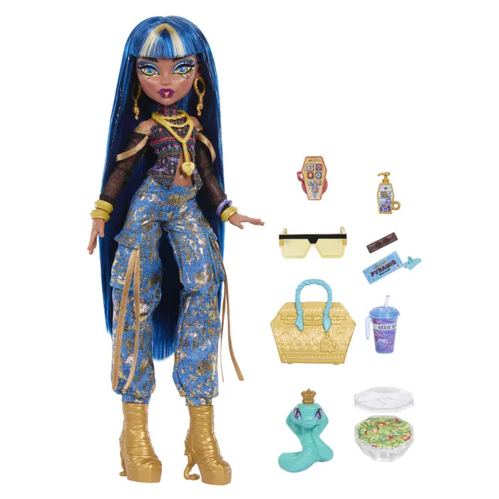 Monster High Poupet Cléo JHK32 - Poupée avec cobra et 7 accessoires, tenue dorée et lapis-lazuli