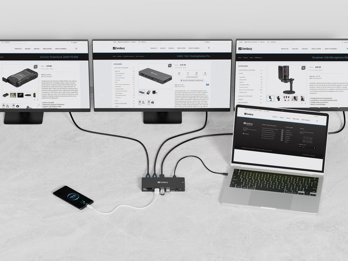 Sandberg Station d'accueil USB-C 13-en-1 Pro - Hub avec Ports USB A/C, HDMI, DisplayPort, Ethernet RJ45, Lecteur de Cartes SD et Audio