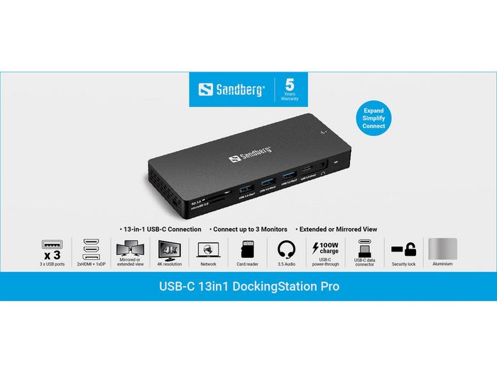 Sandberg Station d'accueil USB-C 13-en-1 Pro - Hub avec Ports USB A/C, HDMI, DisplayPort, Ethernet RJ45, Lecteur de Cartes SD et Audio