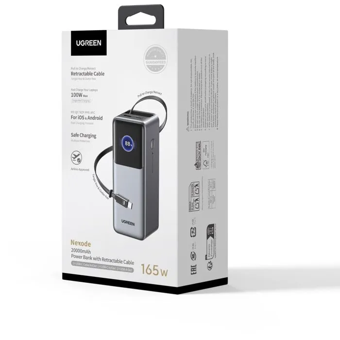 UGREEN - Batterie Externe 165W Power Delivery - Recharge Rapide USB-C et USB-A - Câble Rétractable - Noir