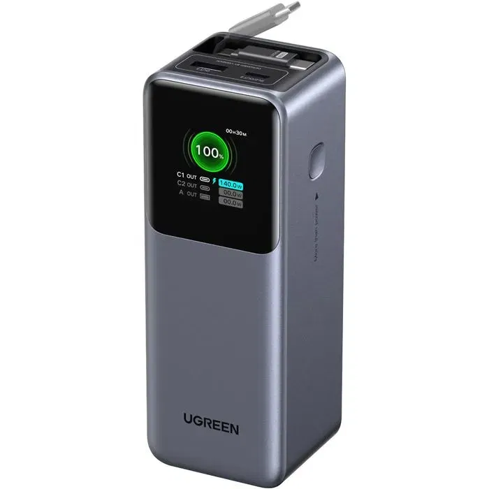 UGREEN - Batterie Externe 165W Power Delivery - Recharge Rapide USB-C et USB-A - Câble Rétractable - Noir
