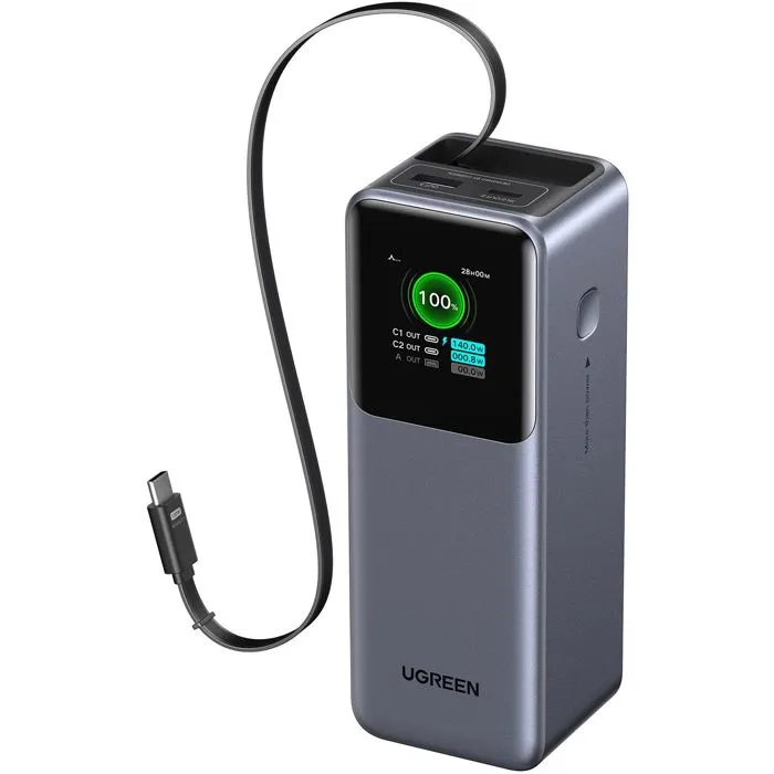 UGREEN - Batterie Externe 165W Power Delivery - Recharge Rapide USB-C et USB-A - Câble Rétractable - Noir
